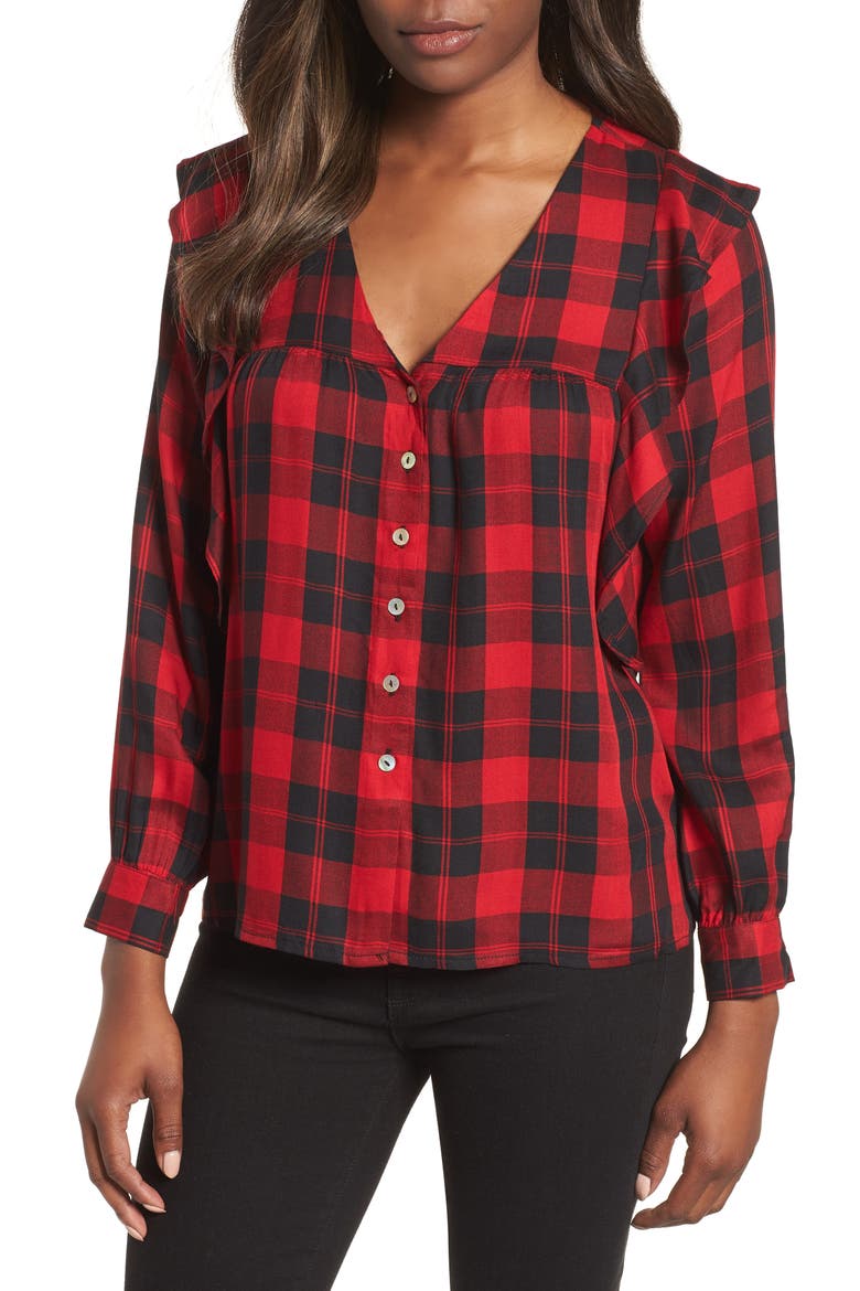 Ruffled Plaid Shirt, Main, color, RED PLAID