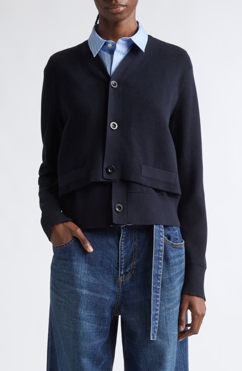 Layered Poplin & Knit Cardigan