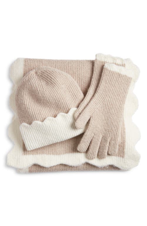 Treasure & Bond Scalloped Scarf, Beanie & Gloves Set In Brown