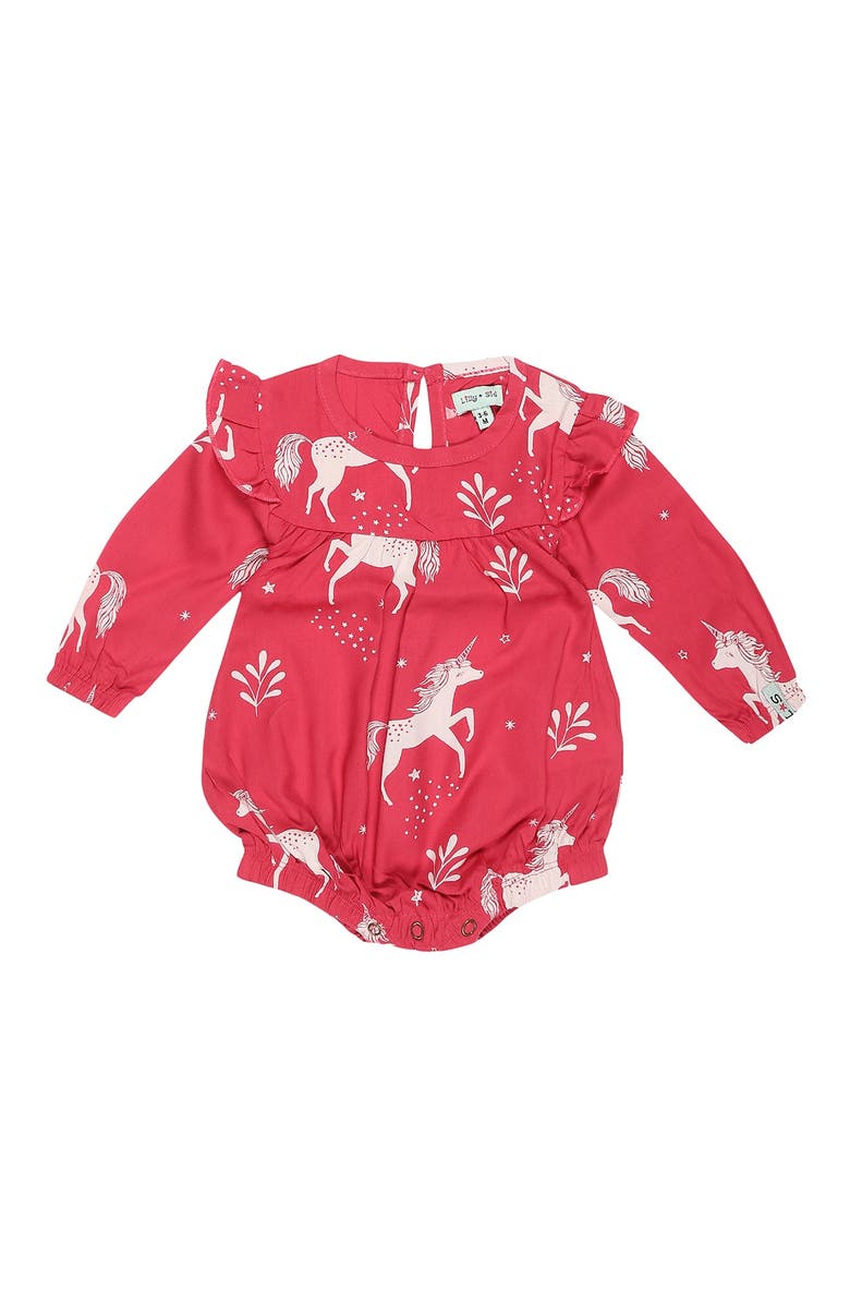 Lilly + Sid Organic Cotton Unicorn Print Romper, Main, color, Red
