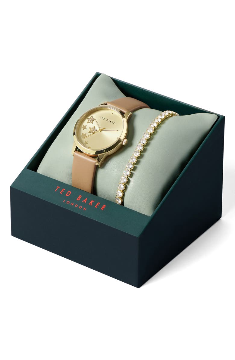 Ted Baker London Fitzrovia Leather Strap Watch & Bracelet Set, 34mm, Alternate, color, Yellow Gold/ Gold/ Tan