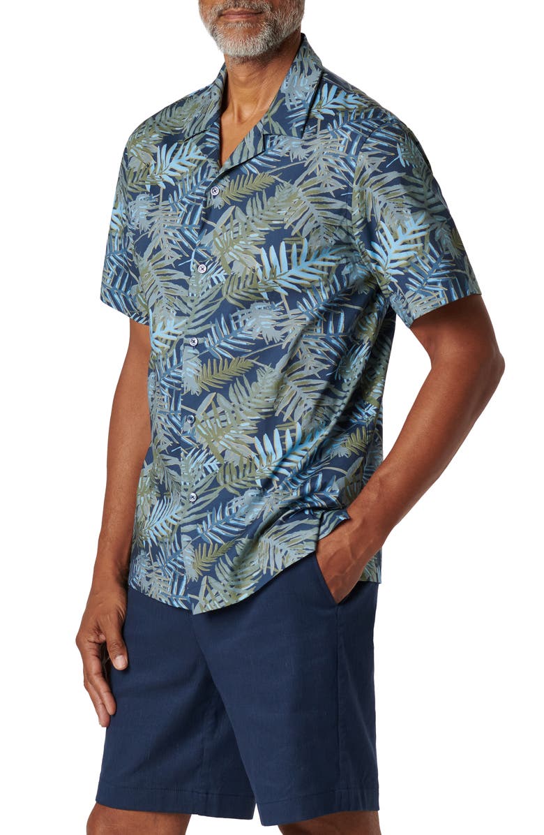 Bugatchi Orson Frond Print Shaped Fit Camp Shirt, Alternate, color, Navy