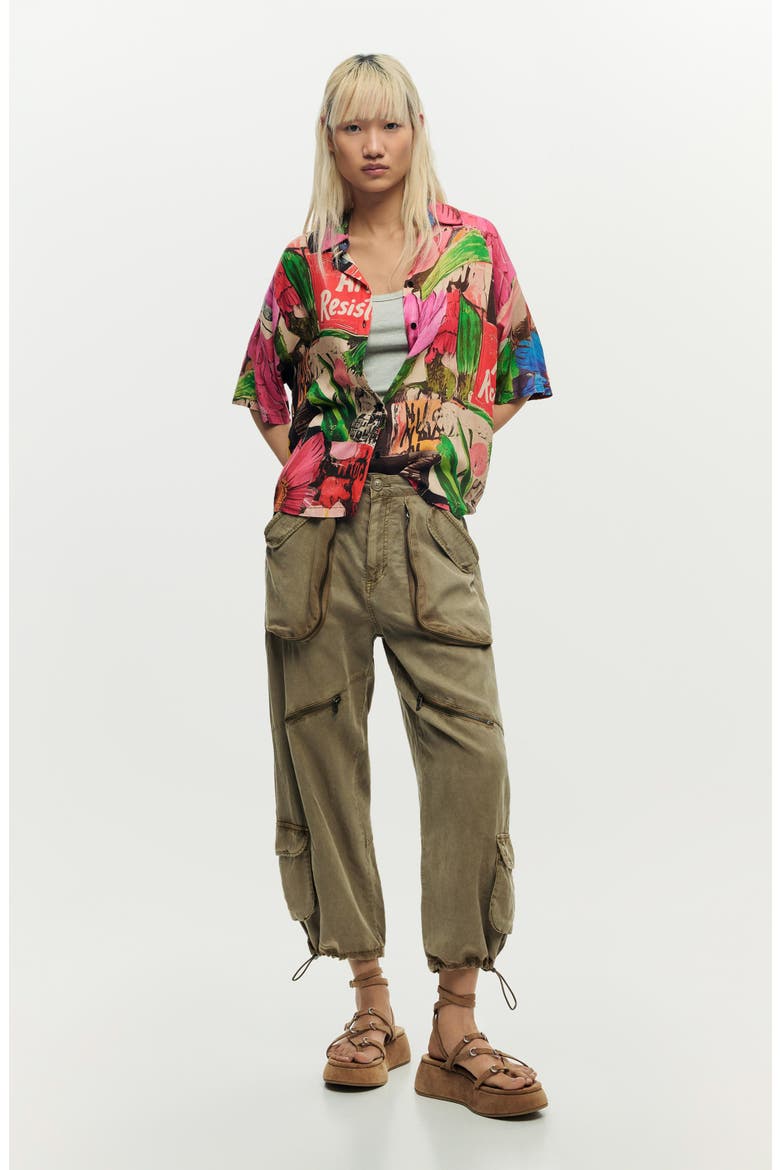 Collage Print Woven Button-Up Shirt, Alternate, color, PINK