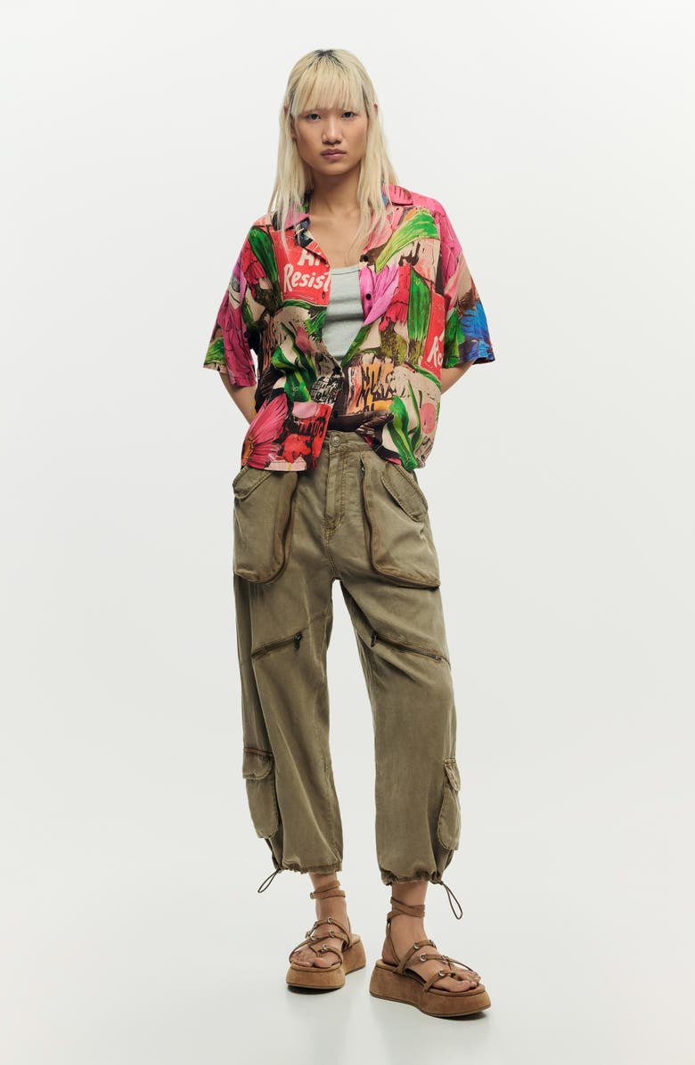 Desigual Collage Print Woven Button-Up Shirt, Alternate, color, Pink