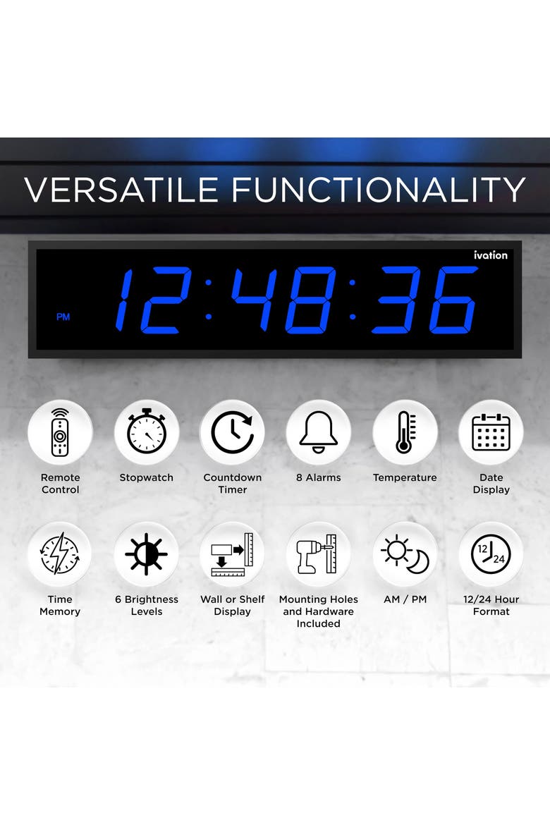 Large Digital Clock, 36 Led Wall Clock with Stopwatch, Alarms, Timer, Temp & Remote, Alternate, color, Blue