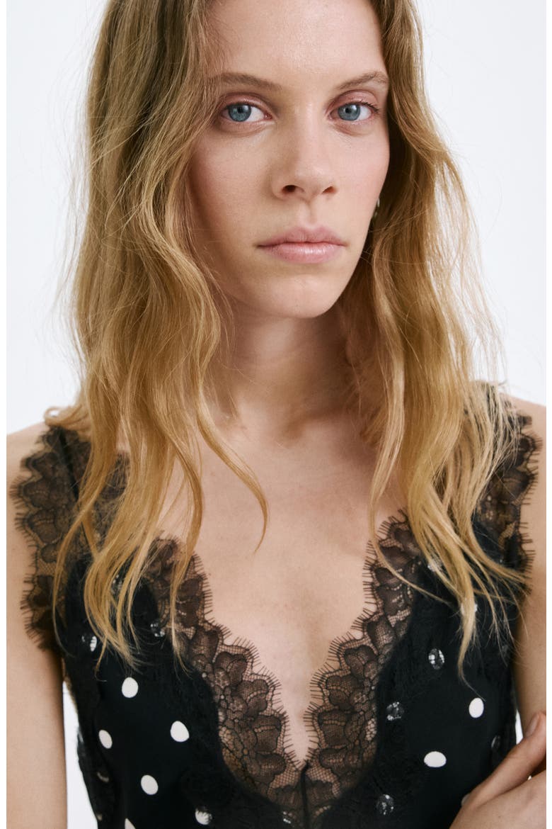 Lace Detail Polks Dot Dress, Alternate, color, BLACK