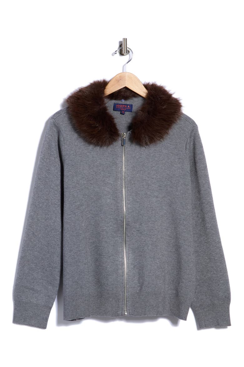Detachable Faux Fur Collar Cardigan, Main, color, MED HTR GREY