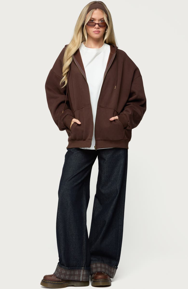 EDIKTED Elvie Oversize Zip Fleece Hoodie, Alternate, color, Brown
