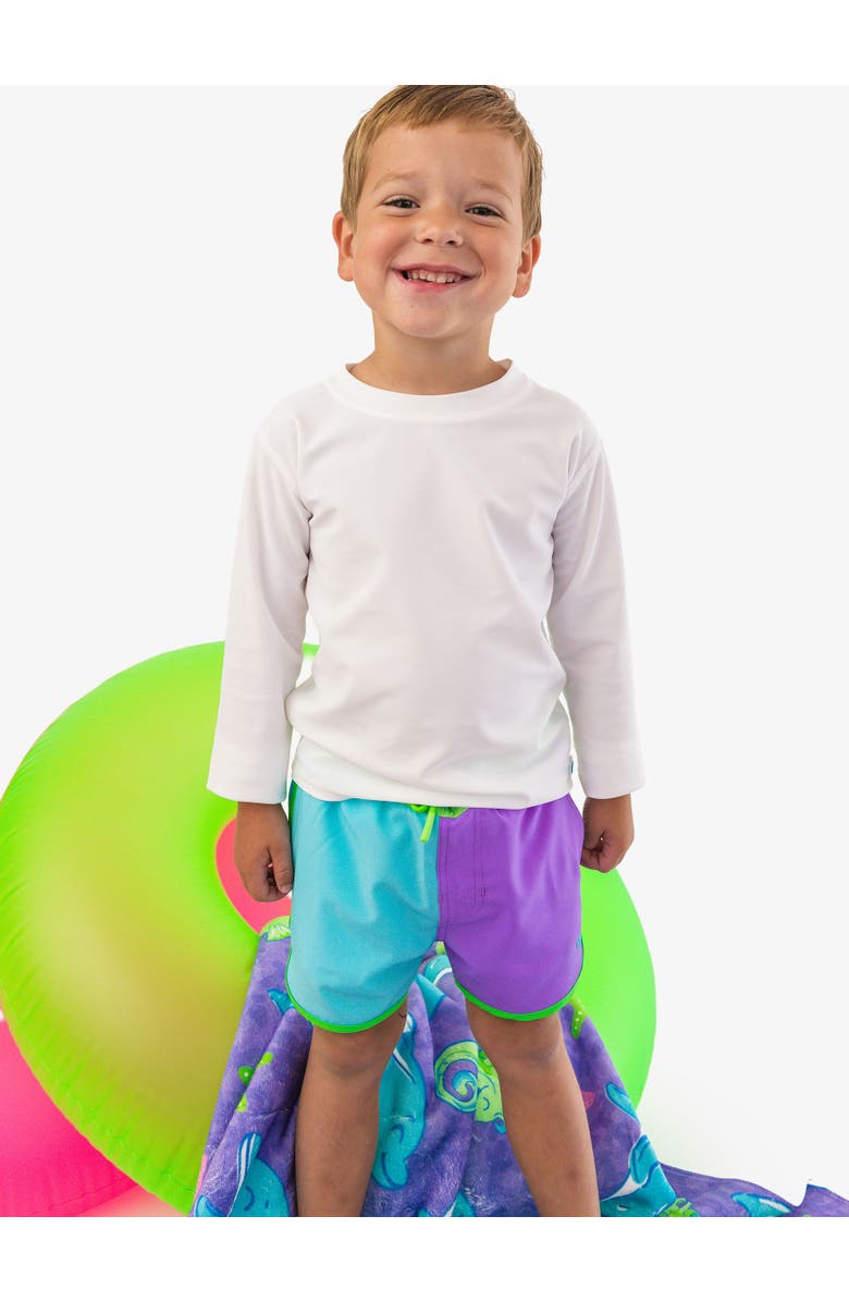 RuggedButts UPF50+ Sun Protected Stretch Dolphin Hem Swim Trunks, Alternate, color, Neon Bright Aqua Color Block