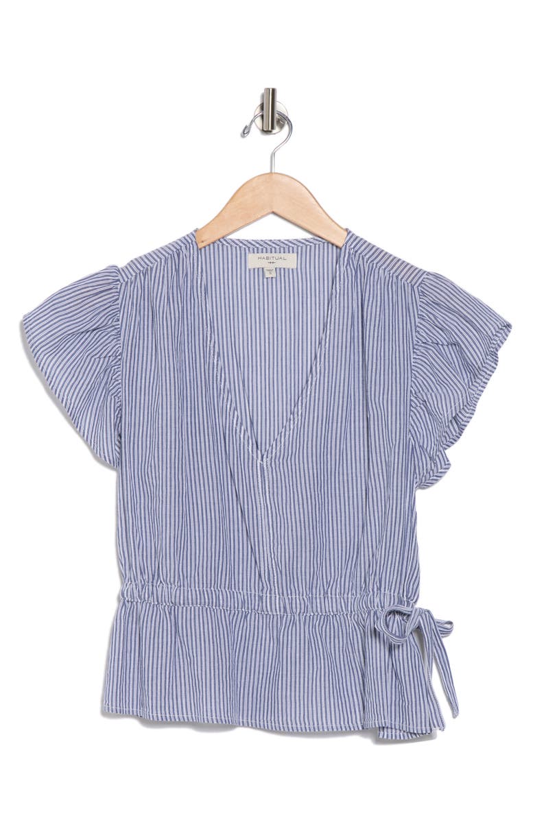 Habitual V-Neck Flutter Sleeve Top, Alternate, color, Navy Stripe