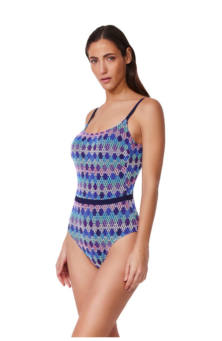Profile by Gottex Retro Riviera Scoop Neck Netted Crochet One Piece, Alternate, color, Blue-Multi