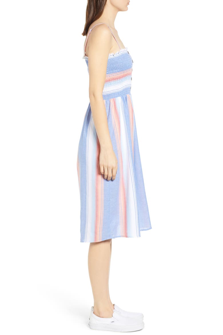 Smocked Bodice Stripe Midi Dress, Alternate, color, BLUE CORAL