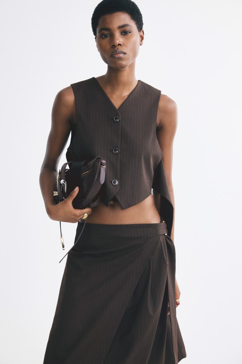 Cropped Belt-detail Vest, Alternate, color, Dark brown/pinstriped