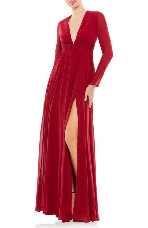 V-Neck Front Twist Long Sleeve Gown