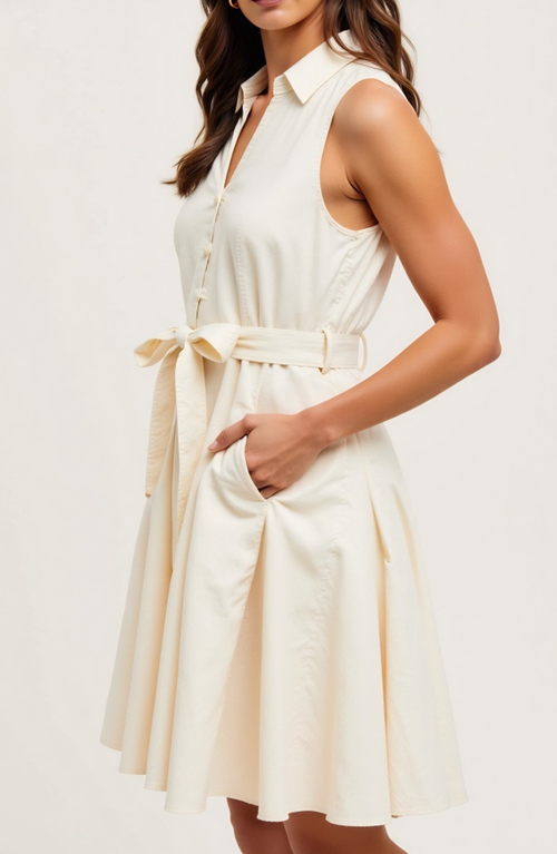 Modenaire Sleeveless Button-front Tie Waist Shirt Collar Fit-and-flare Dress In Neutral