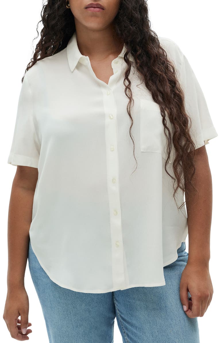 MANGO Woven Short Sleeve Button-Up Shirt, Main, color, Off White