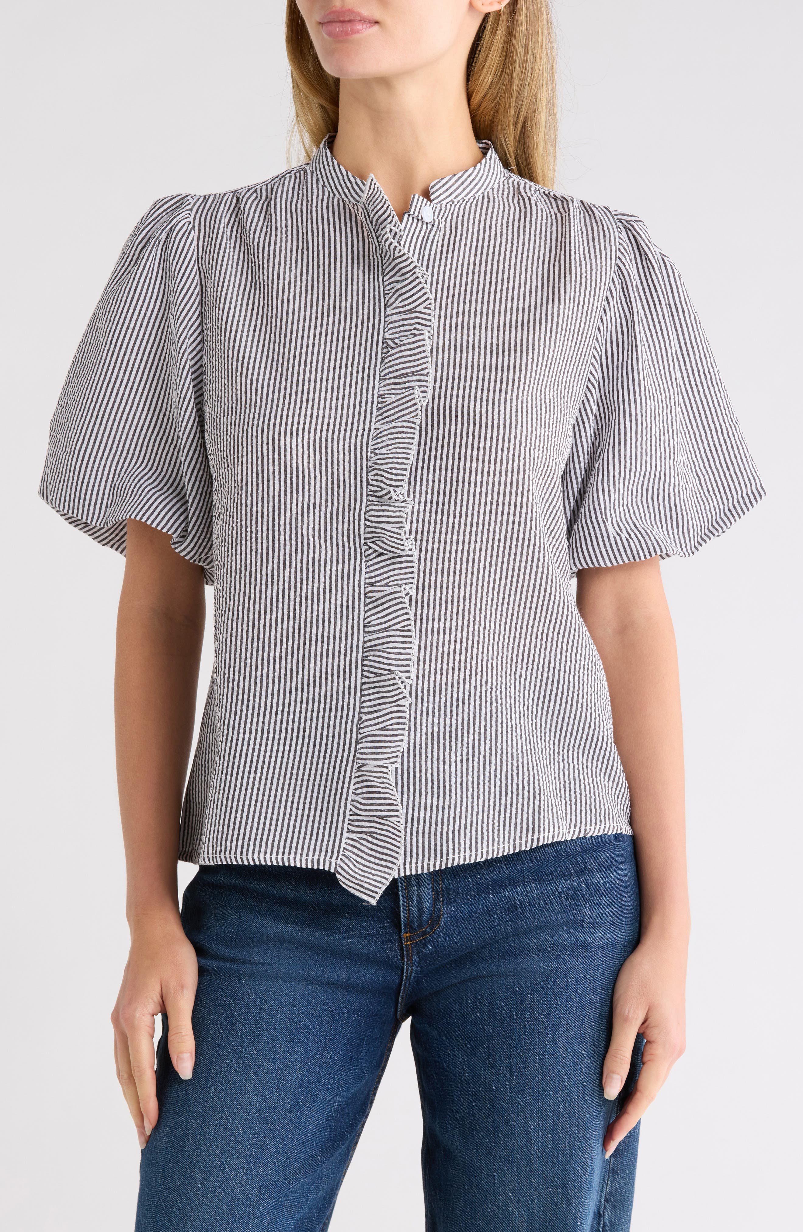 Striped Ruffle Bubble Sleeve Shirt