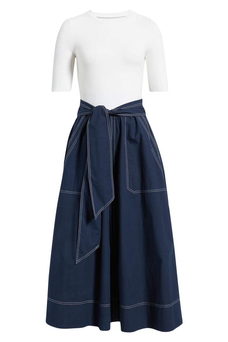 Mixed Media Tie Front Midi Dress, Alternate, color, IVORY NAVY