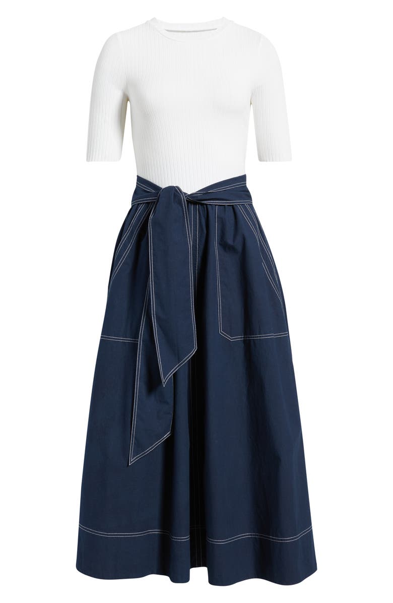 Vince Camuto Mixed Media Tie Front Midi Dress, Alternate, color, Ivory Navy