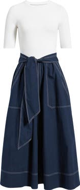 Vince Camuto Mixed Media Tie Front Midi Dress