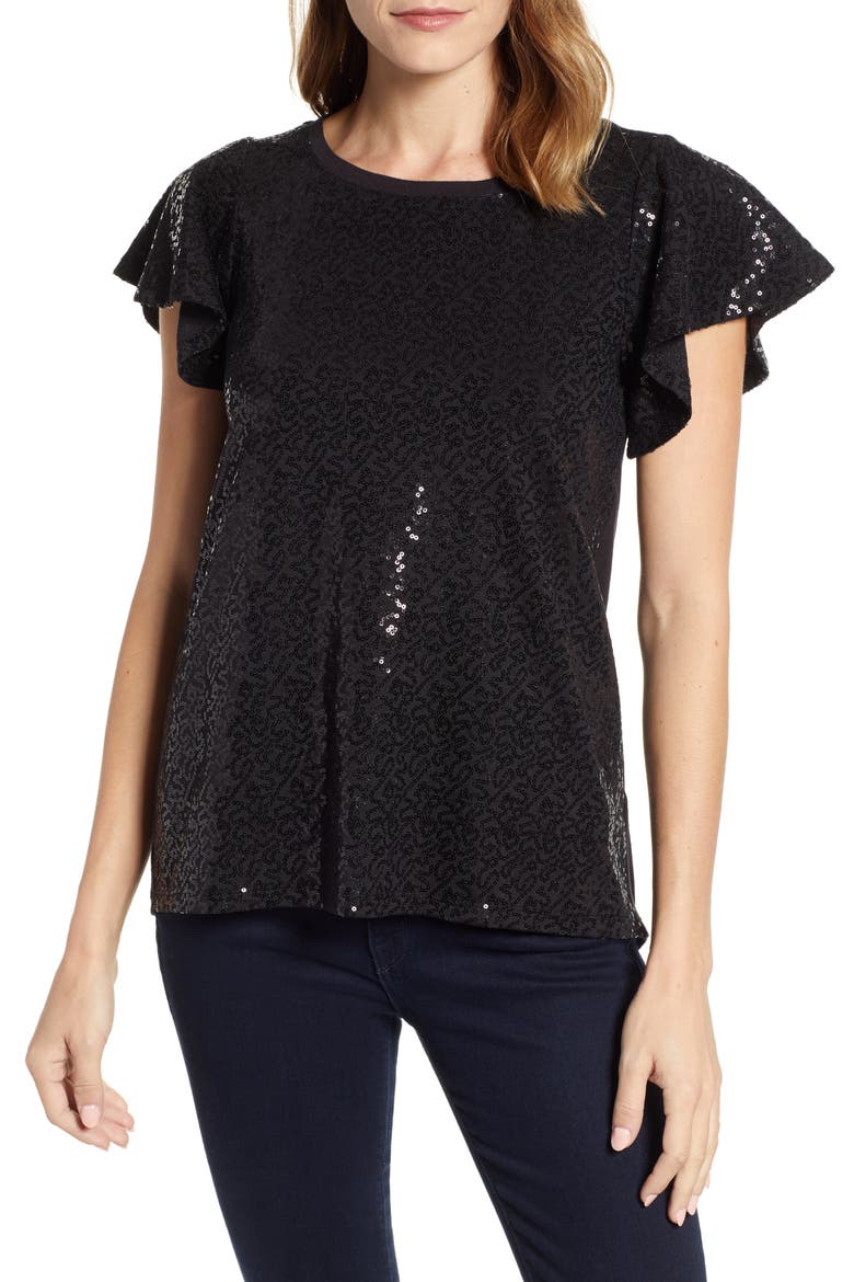 Gibson x Glam Squad Sequin Flutter Sleeve Top (Nordstrom Exclusive), Main, color, BLACK