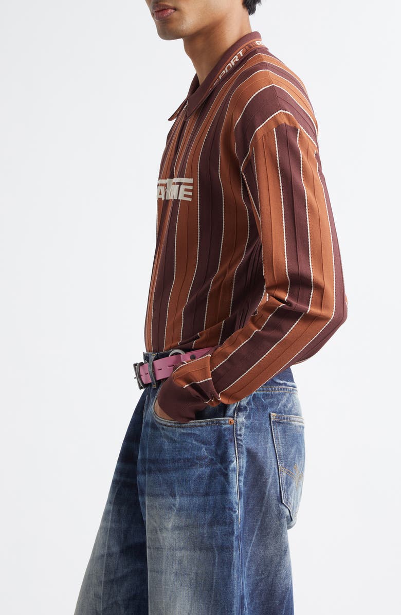 Martine Rose Logo Jacquard Stripe Long Sleeve Zip Polo, Alternate, color, Brown