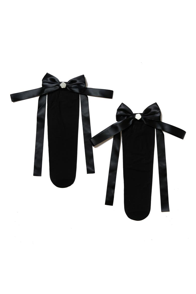 Satin Bow Sheer Crew Socks, Main, color, BLACK