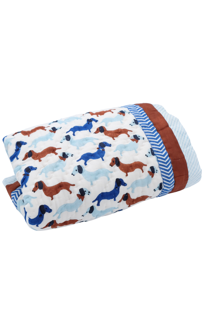 Inner Child Dachshunds & Hearts Reversible Block Print Baby Quilt, Main, color, Blue
