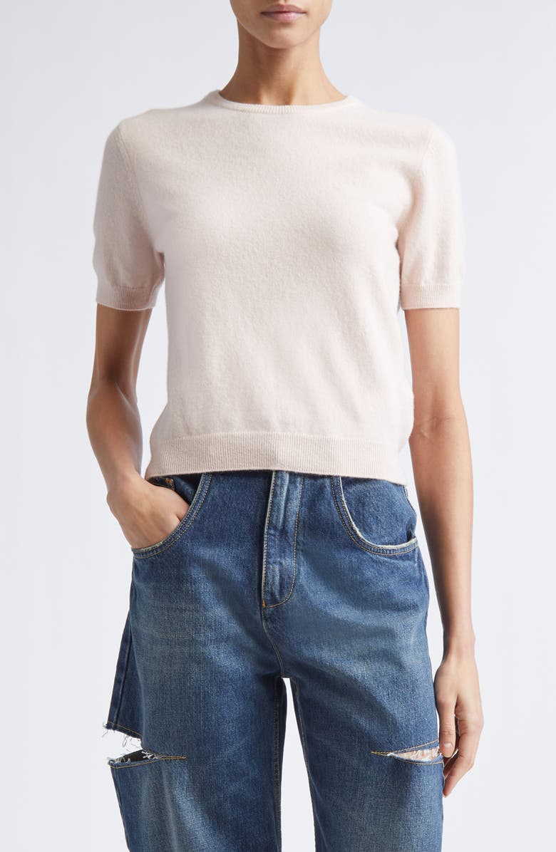 Maison Margiela Short Sleeve Virgin Wool Crewneck Sweater, Main, color, Pale Pink