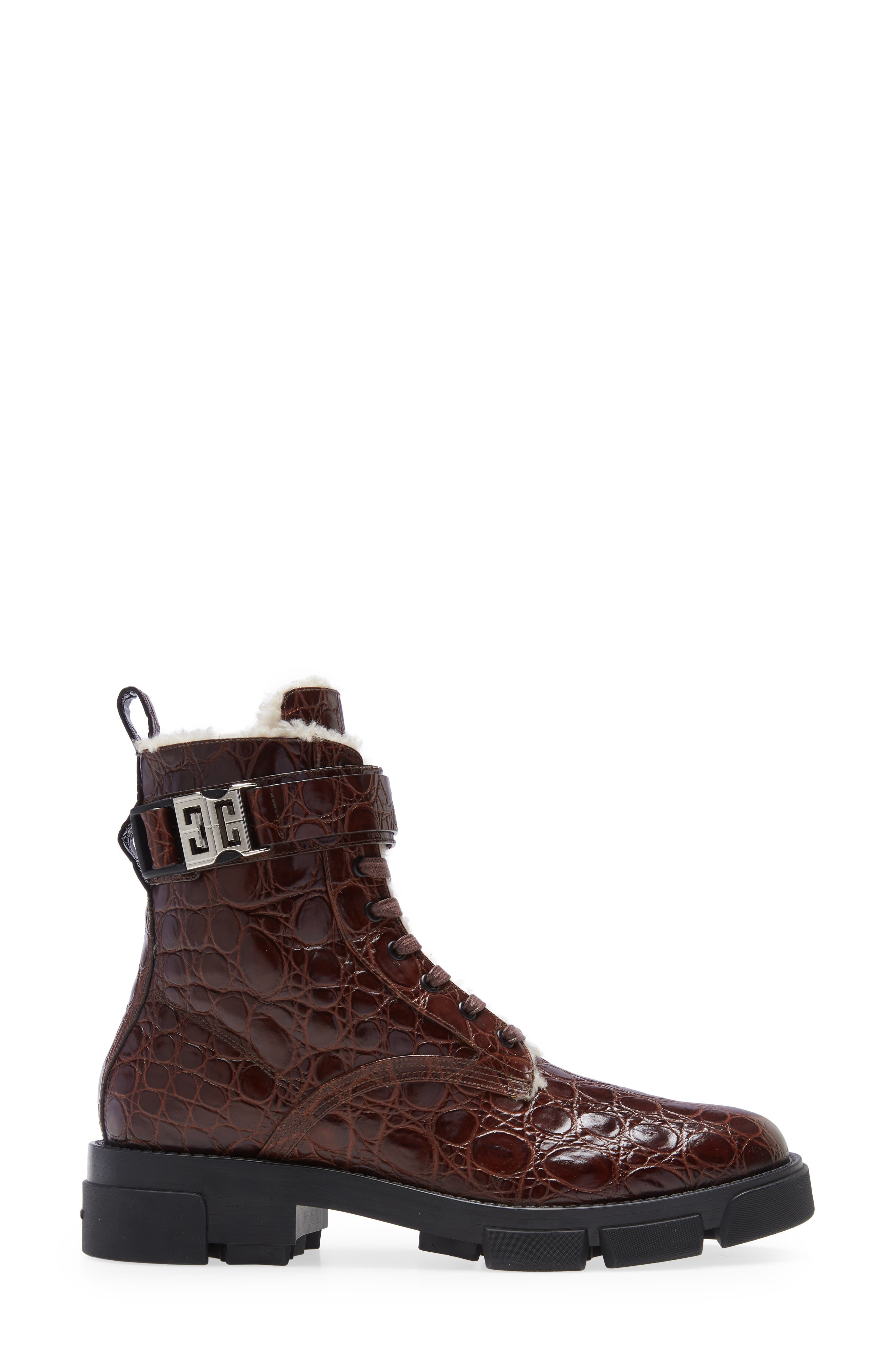 Terra 4G Buckle Faux Shearling Lined Combat Boot, Alternate, color, DARK BROWN