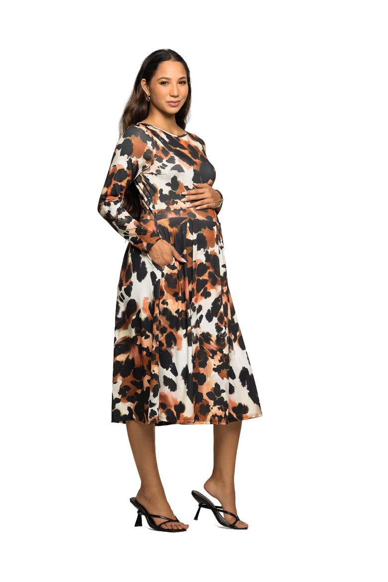 Long Sleeve Midi Dress in Animal Print, Alternate, color, Brown Multi