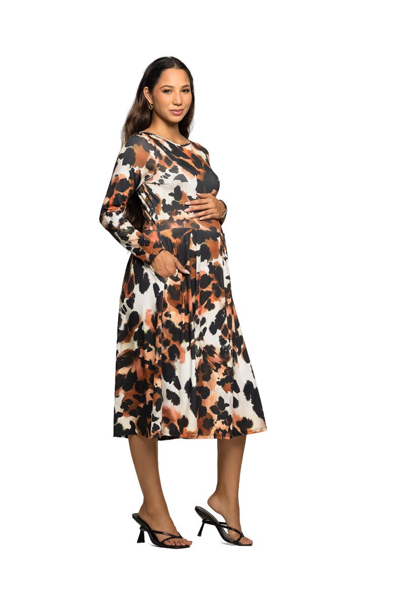 24seven Comfort Apparel Long Sleeve Midi Dress in Animal Print, Alternate, color, Brown Multi