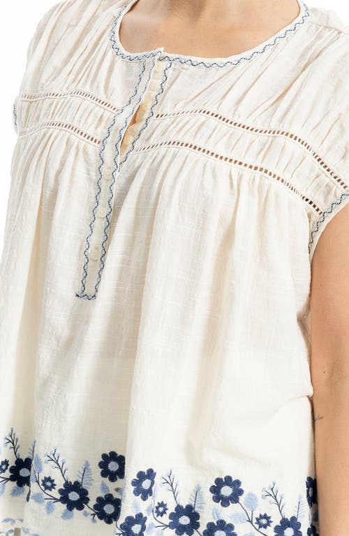 Max Studio Embroidered Half Button Top In White