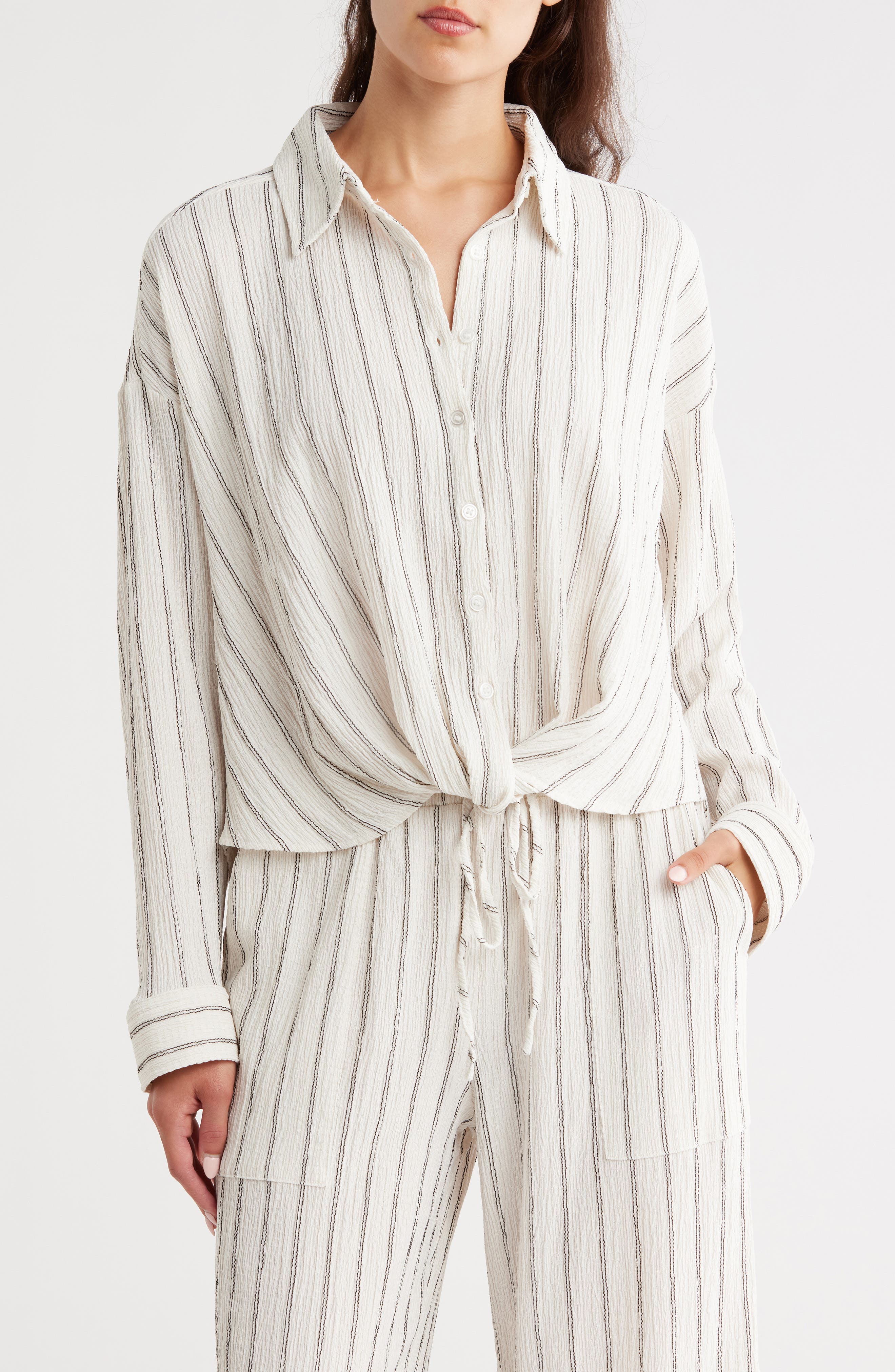 Caslon® Stripe Twist Front Textured Button-Up Top