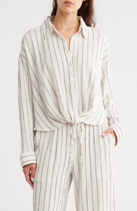 Stripe Twist Front Textured Button-Up Top