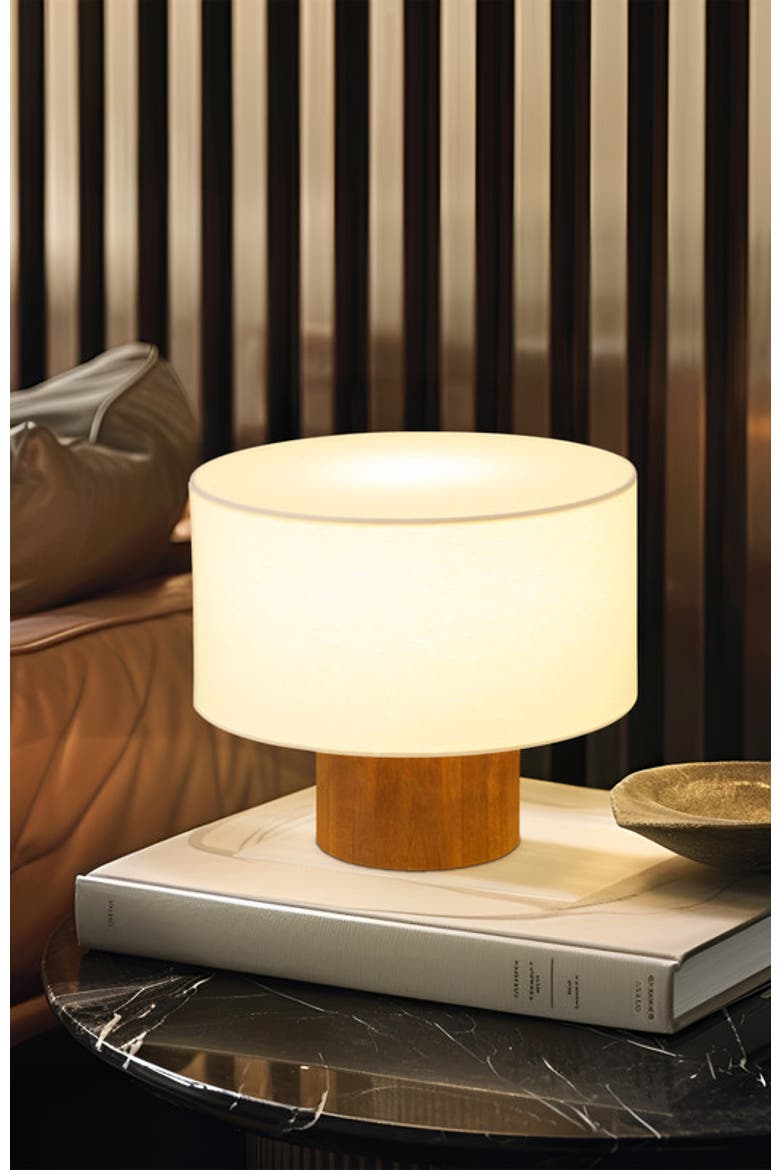 Oliver 10" LED Desk Lamp with Wood Accent and White Cotton Drum Shade, Bulb Included, Alternate, color, Walnut