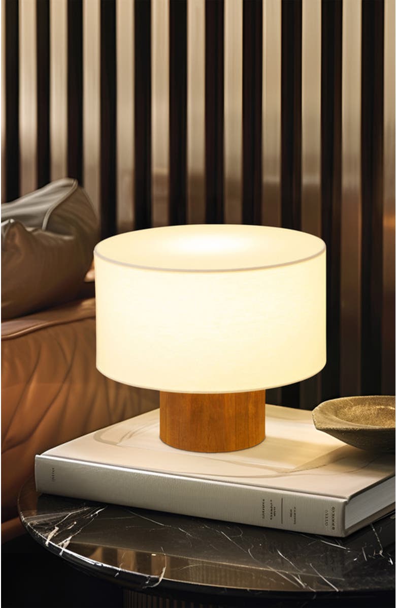 Brightech Oliver 10" LED Desk Lamp with Wood Accent and White Cotton Drum Shade, Bulb Included, Alternate, color, Walnut