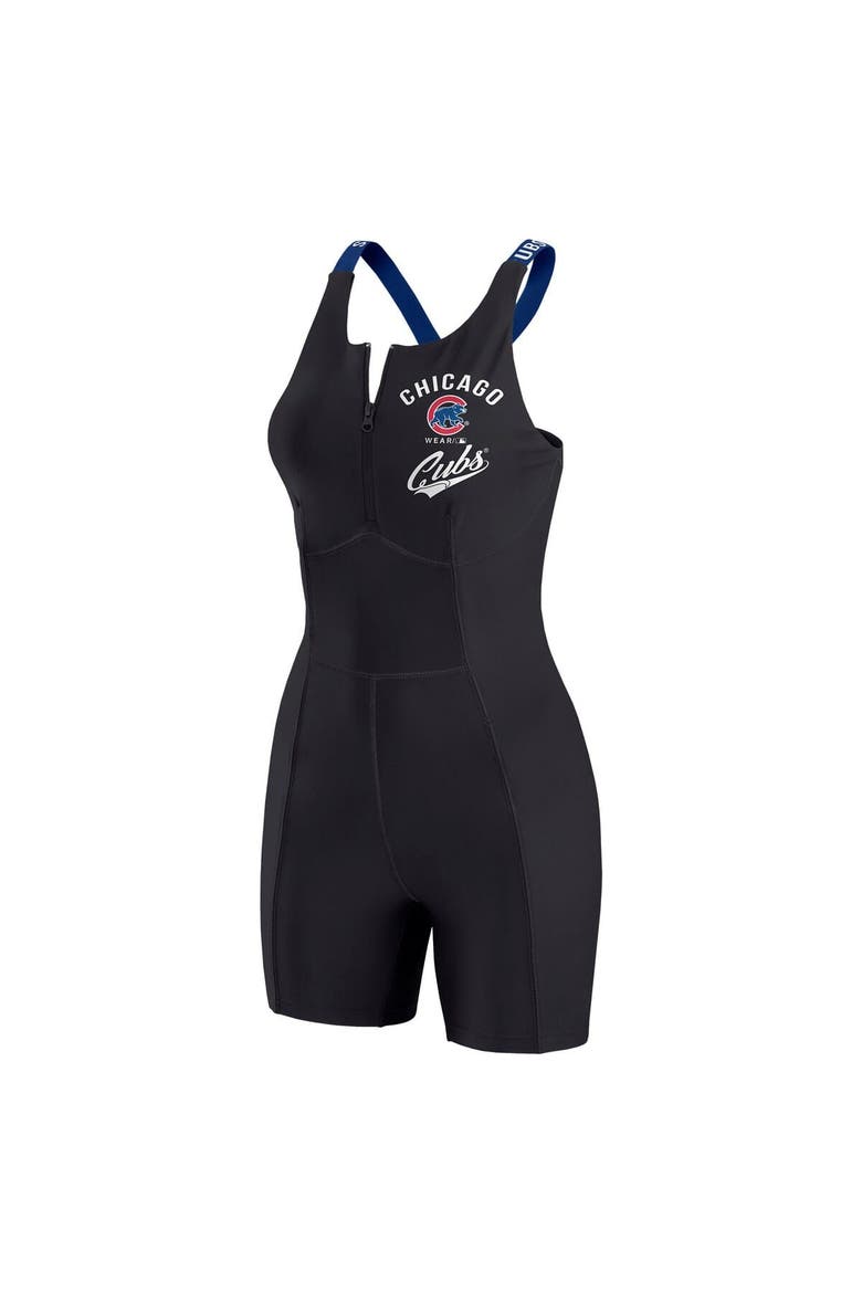 Women's WEAR by Erin Andrews  Black Chicago Cubs Bodycon Quarter-Zip Romper, Alternate, color, Black