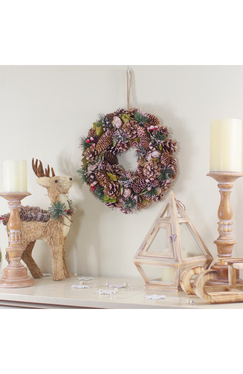 Northlight Green and Brown Frosted Pinecones and Bells Christmas Wreath - 13" Unlit, Alternate, color, Green
