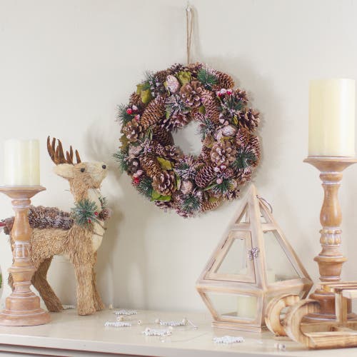 Northlight Green And Brown Frosted Pinecones And Bells Christmas Wreath In Green