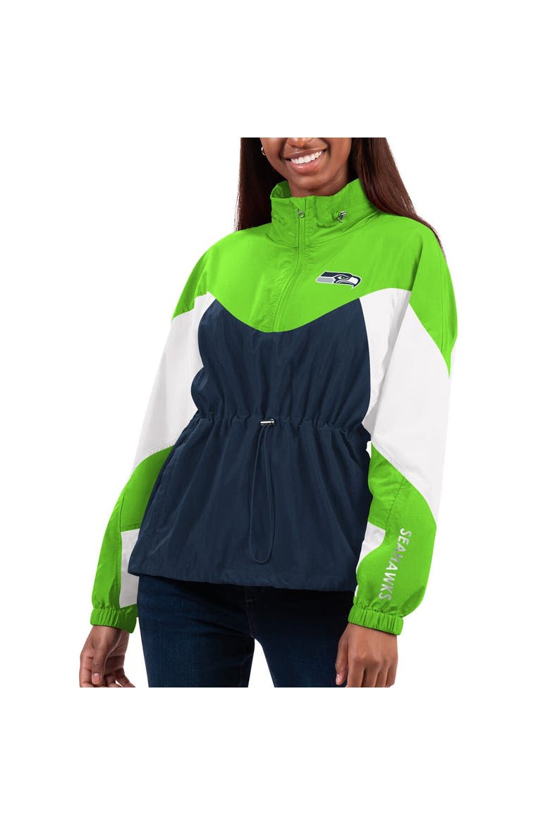 Women's G-III 4Her by Carl Banks Navy/Neon Green Seattle Seahawks Tie Breaker Lightweight Quarter-Zip Jacket, Main, color, Navy