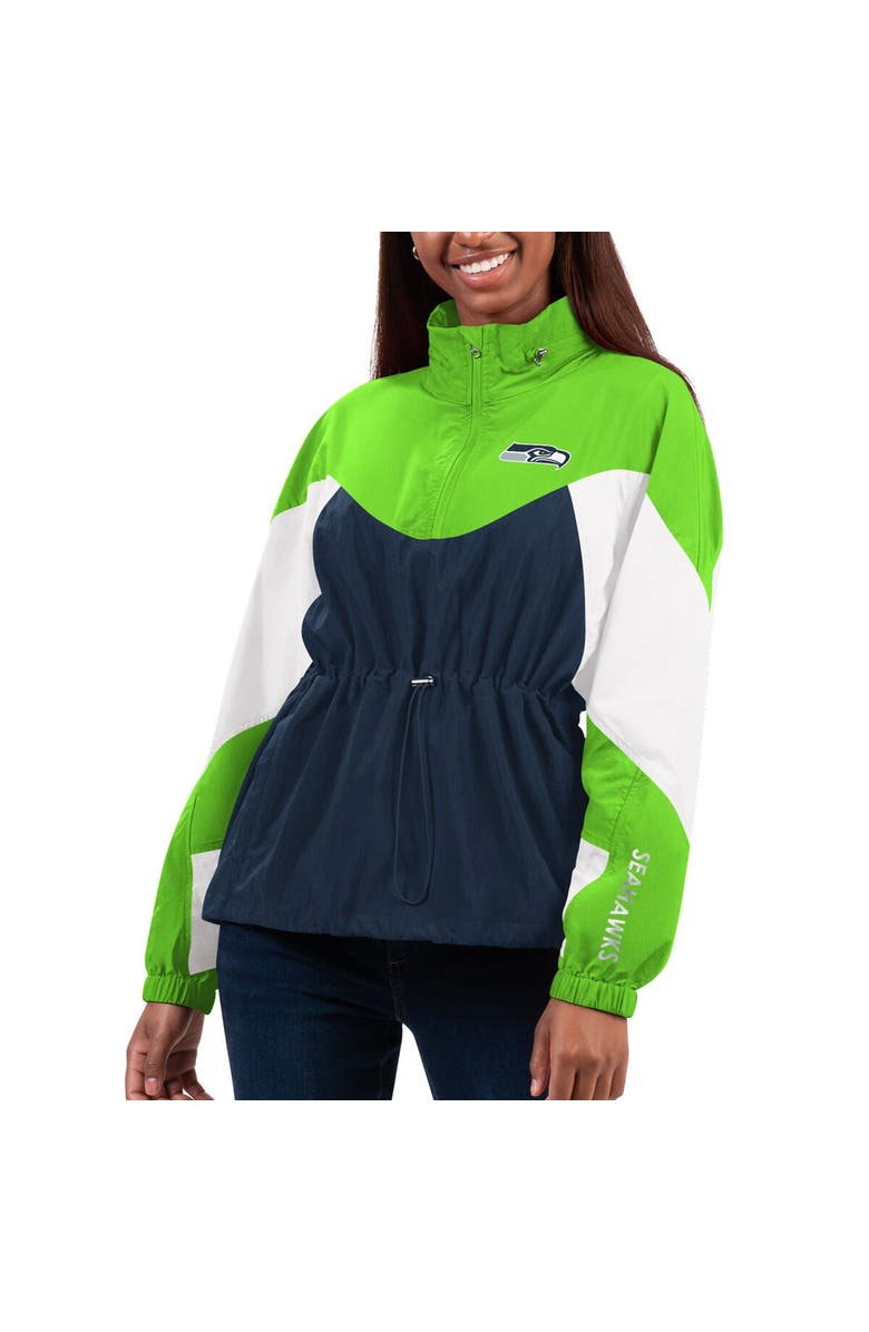 G-III 4HER BY CARL BANKS Women's G-III 4Her by Carl Banks Navy/Neon Green Seattle Seahawks Tie Breaker Lightweight Quarter-Zip Jacket, Main, color,