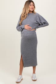 PinkBlush Ribbed Knit Asymmetric Top Midi Skirt Set