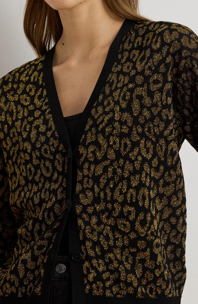 Lauren Ralph Lauren Metallic Double Knit Cardigan, Alternate, color, Black/ Relic Gold Metallic