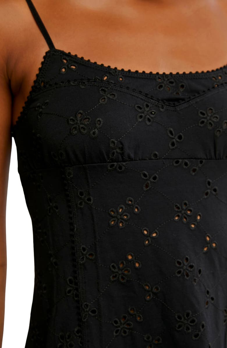 Free People Full Bloom Stretch Cotton Eyelet Mini Slipdress, Alternate, color, Black