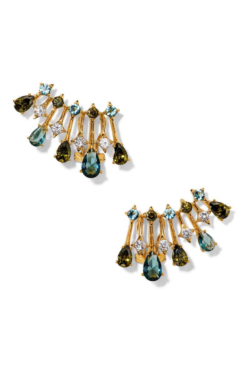 Hera Cubic Zirconia and Glass Ear Climbers, Main, color, GOLD