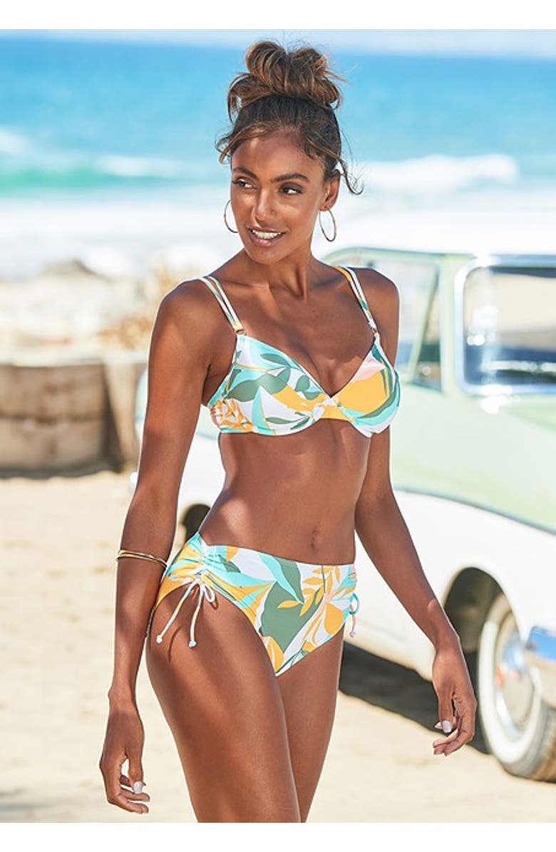 LASCANA Pattern Mid Rise Bikini Bottom, Alternate, color, Yellow & White