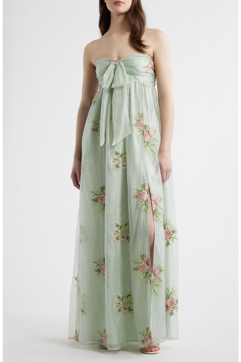 Fiona Floral Embroidery Strapless Dress, Main, color, SAGE