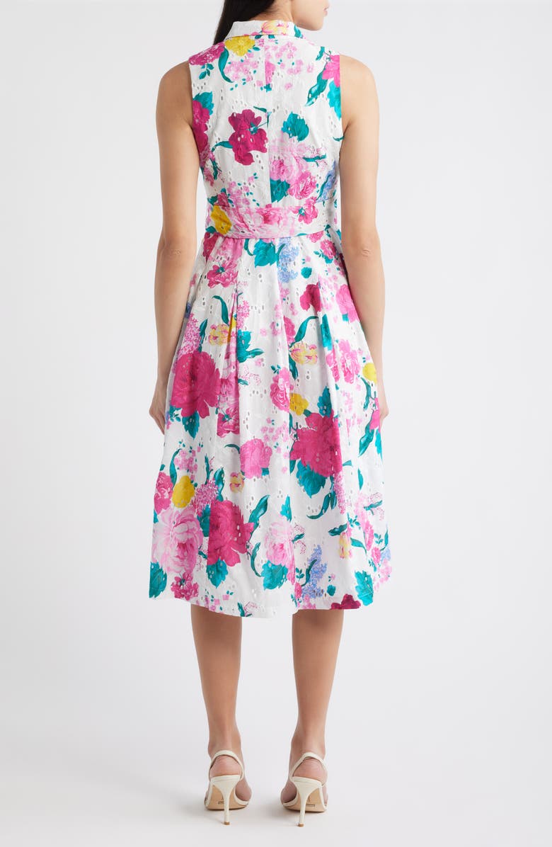 Anne Klein Floral Print Eyelet Midi Wrap Dress, Alternate, color, Crispt White Multi