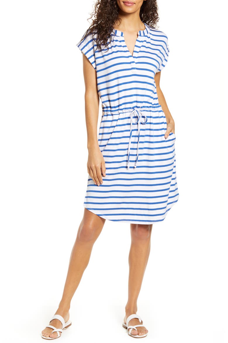 Gibson x Hi Sugarplum! Como Drawstring Jersey Dress, Main, color, BLUE GROTTO STRIPE